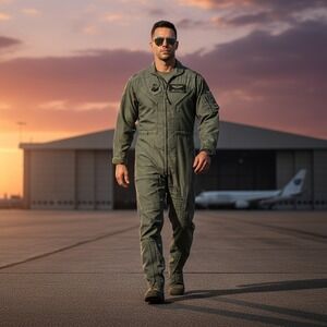 Vintage US Military Flight Suit Coveralls Mens 44R Green CWU-27/P Nomex Major